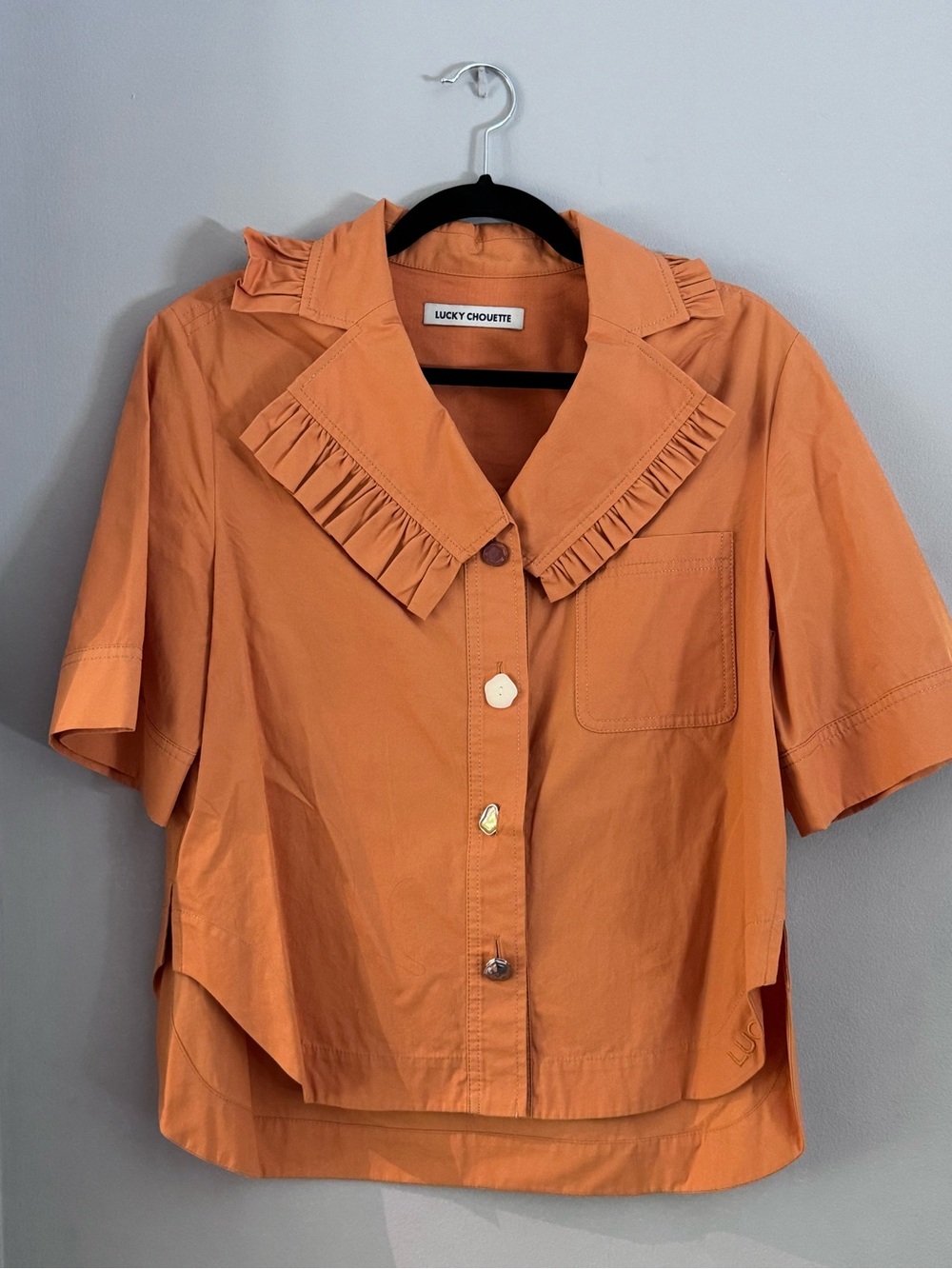 Orange Ruffle-Collar Short Sleeve Blouse